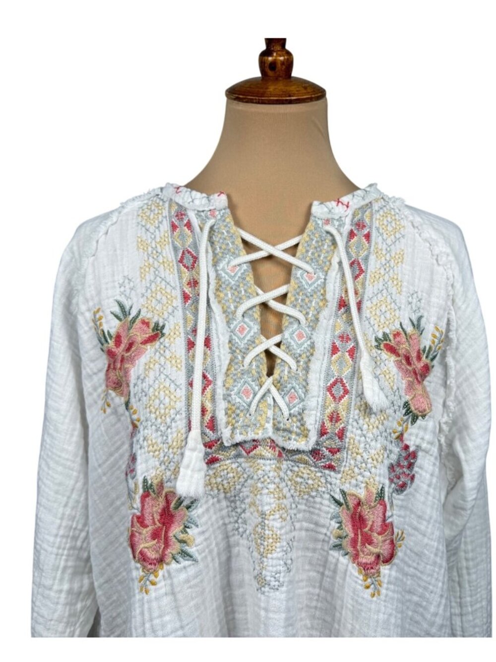 Johnny Was White Embroidered Gauze Blouse XL Boho Peasant Long Sleeve Cotton Top - Picture 2 of 10